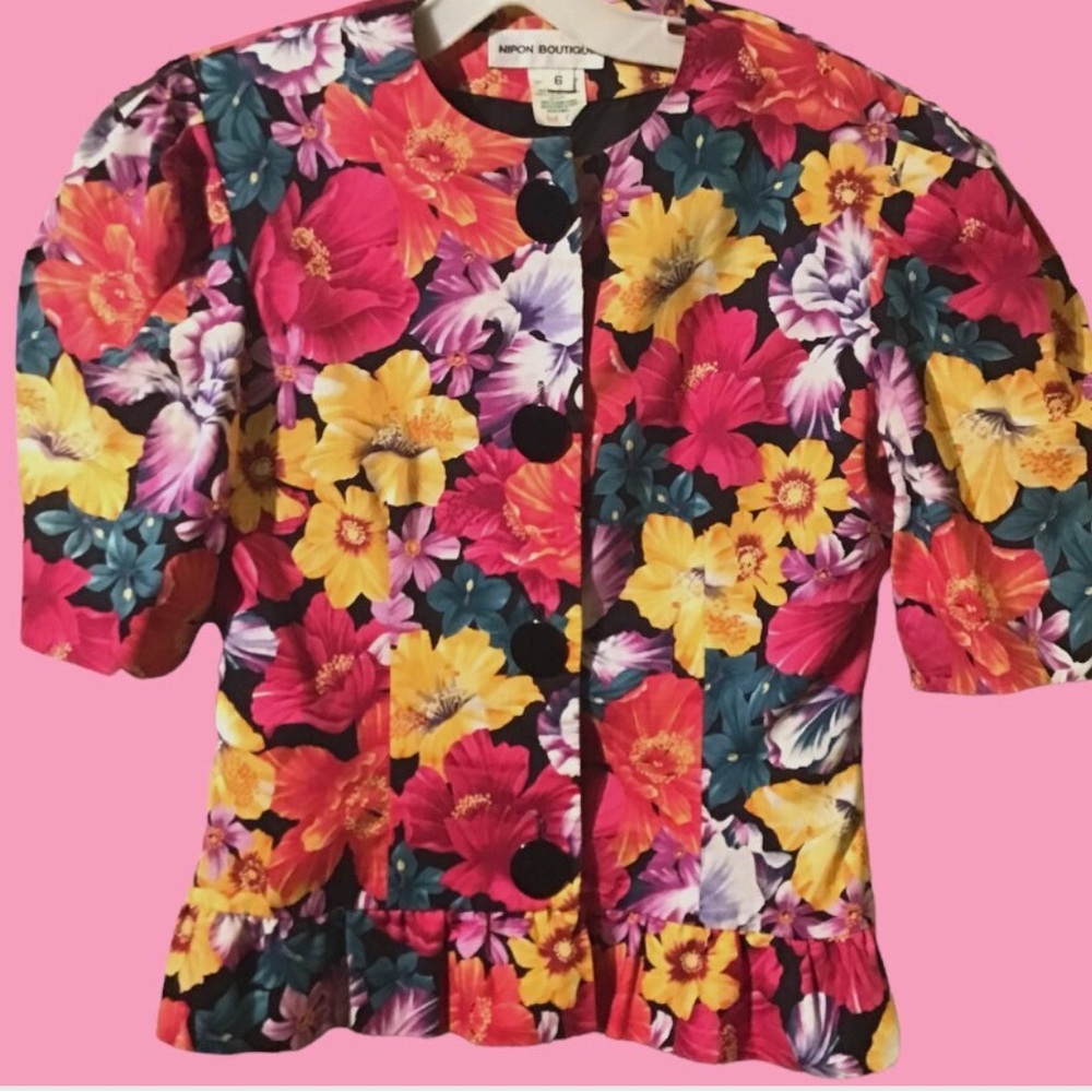 Vintage nipon Boutique Vibrant Floral Peplum Jacket in Pink, Yellow & Green